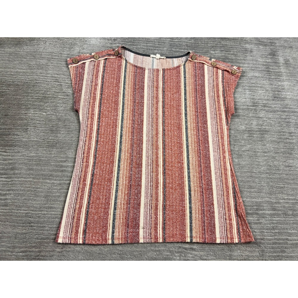 Above and Beyond Top Womens Medium Multi Stripe Boat Neck Button Shoulder